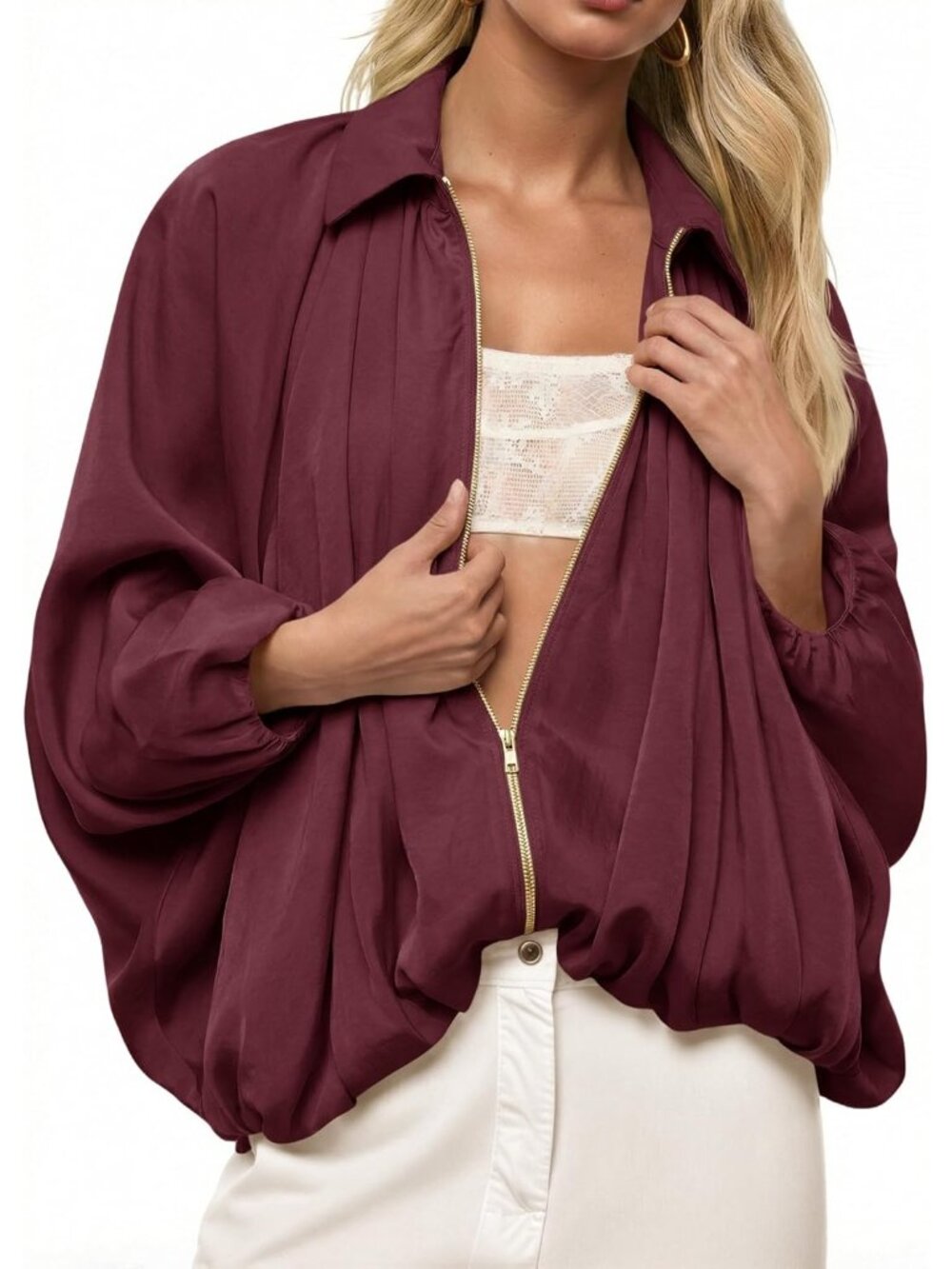Womens Burgundy Loose Oversized Lapel Collar Long Sleeve Zip Up Bomber Jacket